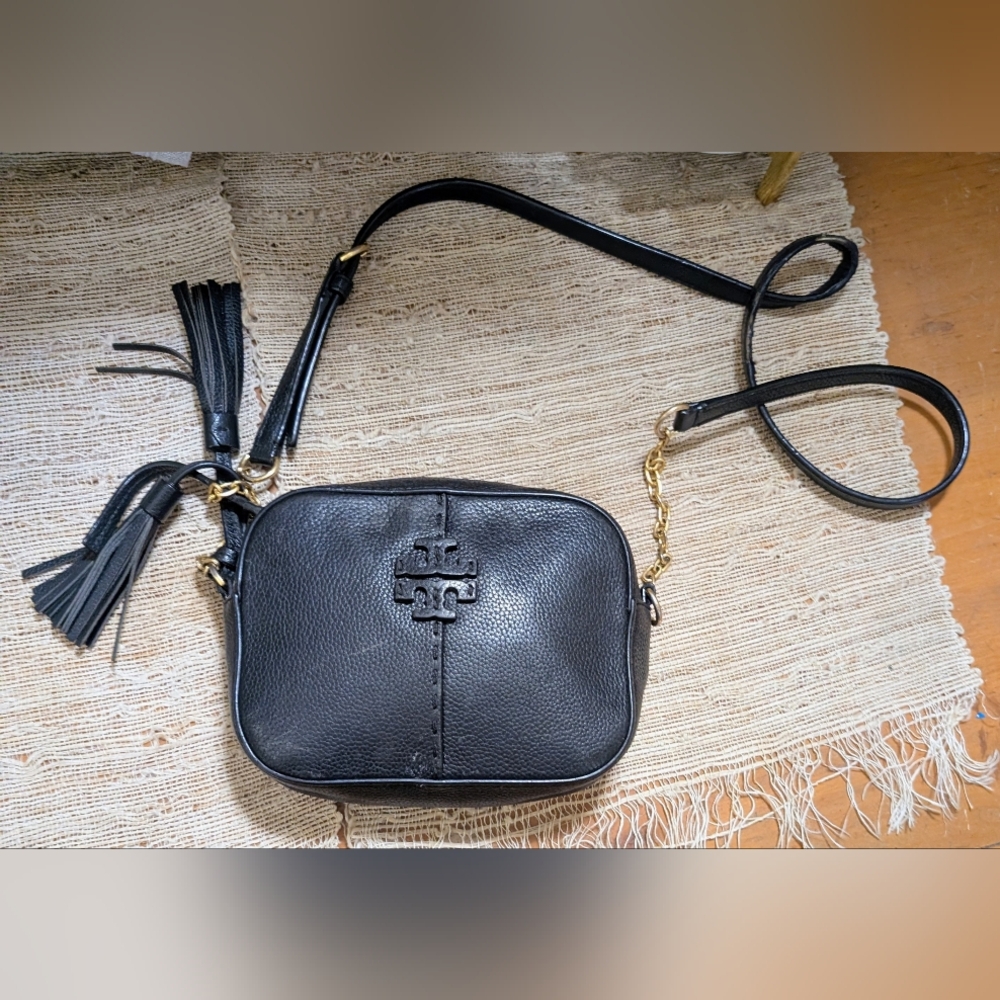 Authentic Tory Burch McGraw Black Leather Tassel Crossbody Bag
